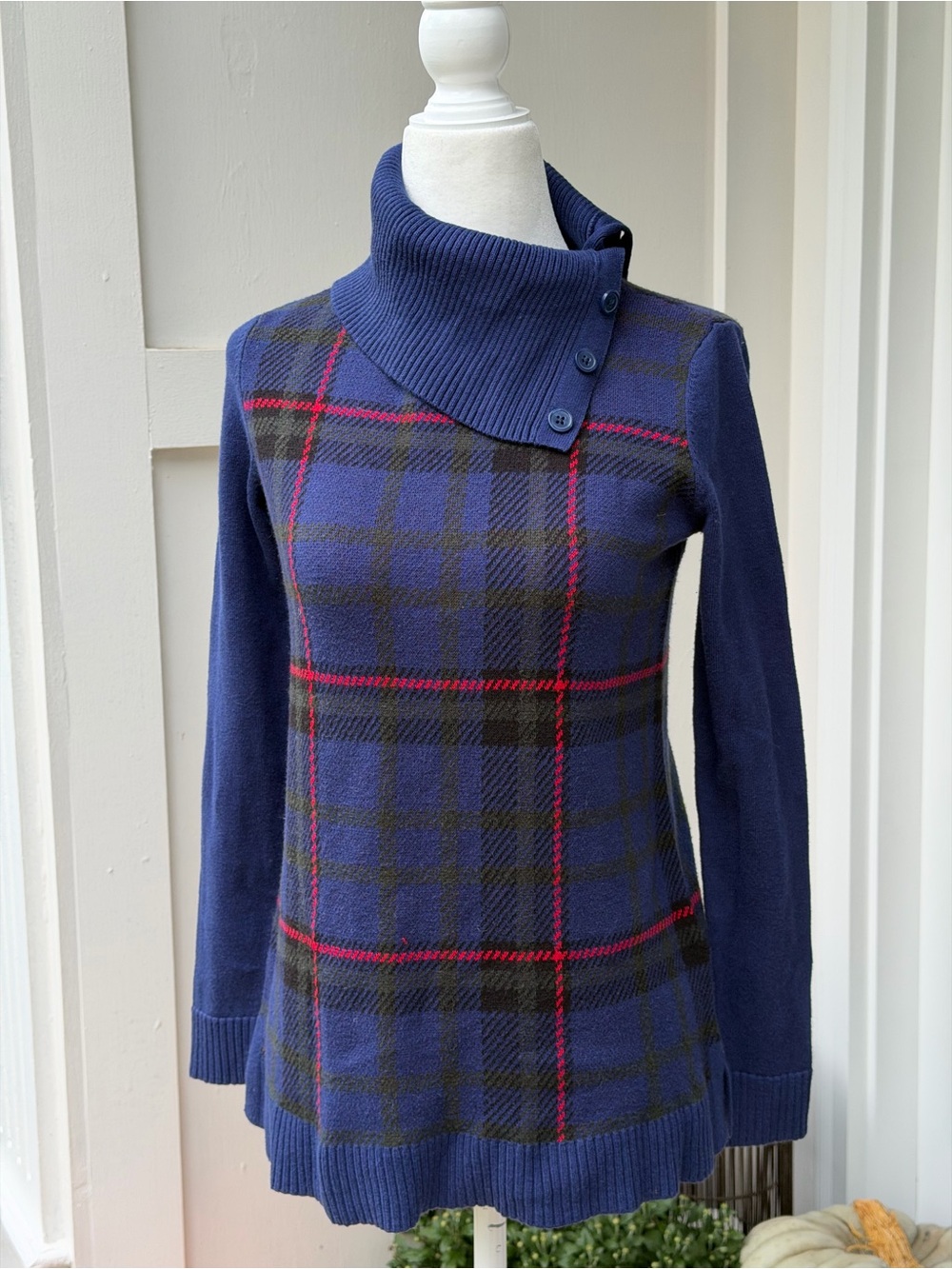 Talbots Navy Plaid Button-Accent Turtleneck Sweater